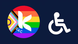 A KSAC logo displaying on a progressive pride flag button alongside an accessibility symbol of a person in a wheelchair signal KSAC's commitment to accessibility and inclusivity