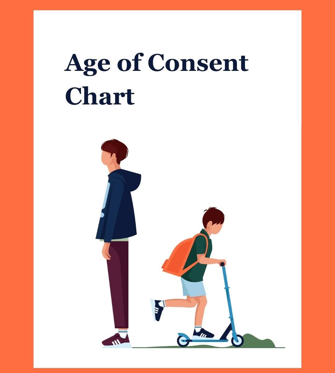 A child and youth stand together, facing in different directions. The child is playing with a skooter while the youth looks to the distance in thought. The words Age of Consent Chart are shown above.