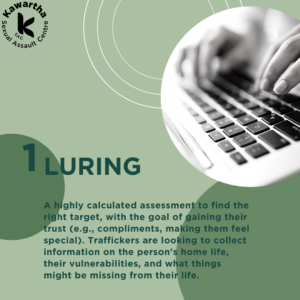 1. Luring. A highly calculated assessment to find the right target, with the goal of gaining their trust (e.g., compliments, making them feel special). Traffickers are looking to collect information on the person's home life, their vulnerabilities, and what things might be missing from their life.