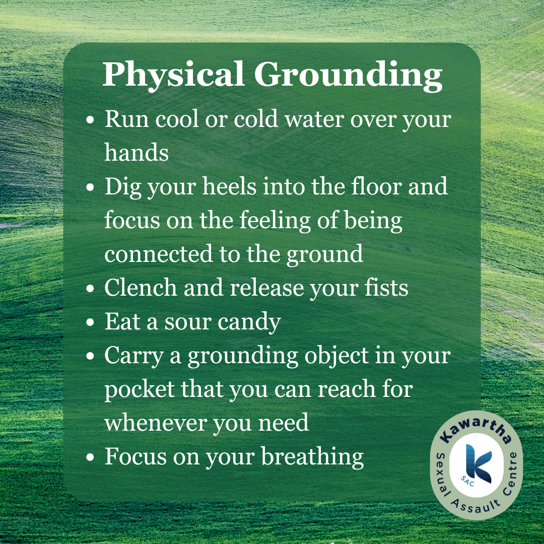 Types of Grounding: Physical. Text reads "Run cool or cold water over your hands. Dig your heels into the floor and focus on the feeling of being connected to the ground. Clench and release your fists. Eat a sour candy. Carry a grounding object in your pocket that you can reach for whenever you need. Focus on your breathing.