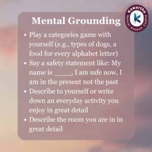 Types of Grounding: Mental Grounding. Text reads "Play a categories game with yourself (e.g., types of dogs, a food for every alphabet letter). Say a safety statement like: My name is ____, I am safe now, I am in the present not the past. Describe to yourself or write down an everyday activity you enjoy in great detail. Describe the room you are in in great detail."