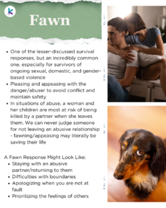 Text reads: One of the lesser-discussed survival responses, but an incredibly common one, especially for survivors of ongoing sexual, domestic, and gender-based violence. Pleasing and appeasing with the danger/abuser to avoid conflict and maintain safety. In situations of abuse, a woman and her children are most at risk of being killed by a partner when she leaves them. We can never judge someone for not leaving an abusive relationship - fawning/appeasing may literally be saving their life. A Fawn Response Might Look Like: Staying with an abusive partner/returning to them, difficulties with boundaries, apologizing when you are not at fault, prioritizing the feelings of others. On the right side of the page there is a photo of a femme-presenting person looking sad and hugging a male-presenting person from behind their shoulders, and below it is a photo of a dog looking scared.
