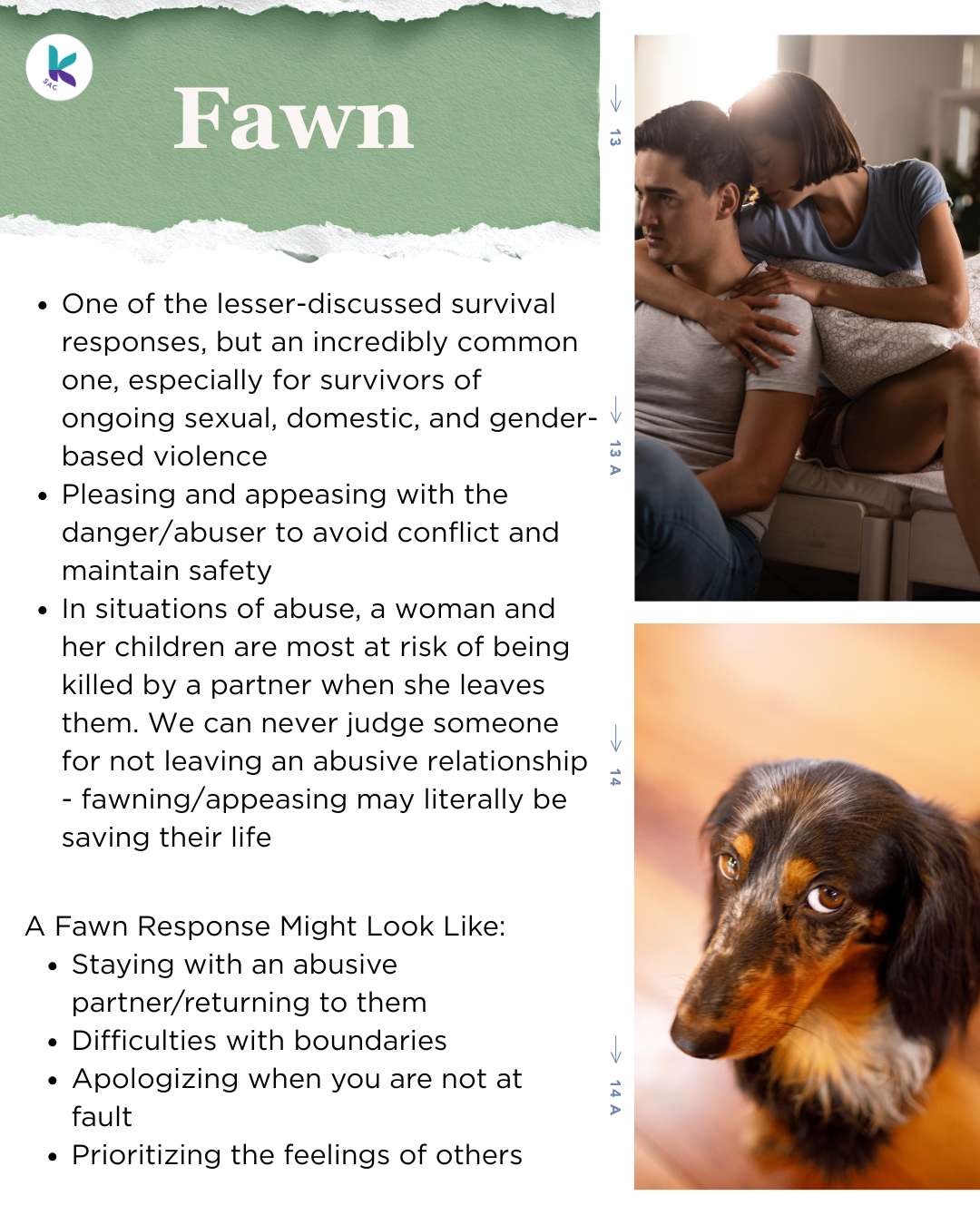 Text reads: One of the lesser-discussed survival responses, but an incredibly common one, especially for survivors of ongoing sexual, domestic, and gender-based violence. Pleasing and appeasing with the danger/abuser to avoid conflict and maintain safety. In situations of abuse, a woman and her children are most at risk of being killed by a partner when she leaves them. We can never judge someone for not leaving an abusive relationship - fawning/appeasing may literally be saving their life. A Fawn Response Might Look Like: Staying with an abusive partner/returning to them, difficulties with boundaries, apologizing when you are not at fault, prioritizing the feelings of others. On the right side of the page there is a photo of a femme-presenting person looking sad and hugging a male-presenting person from behind their shoulders, and below it is a photo of a dog looking scared.