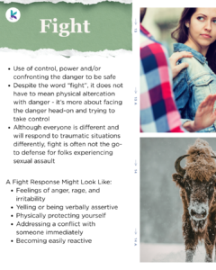 Text reads: Use of control, power and/or confronting the danger to be safe. Despite the word “fight”, it does not have to mean physical altercation with danger - it’s more about facing the danger head-on and trying to take control. Although everyone is different and will respond to traumatic situations differently, fight is often not the go-to defense for folks experiencing sexual assault. A Fight Response Might Look Like: Feelings of anger, rage, and irritability, yelling or being verbally assertive, physically protecting yourself, addressing a conflict with someone immediately, becoming easily reactive. On the right side of the page there is a photo of someone's hand on the shoulder of a femme-presenting person who looks annoyed, and below is a photo of a buffalo.